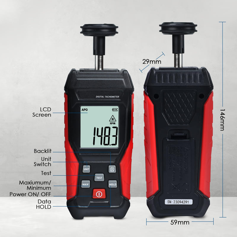 [Australia - AusPower] - 2-in-1 Digital Tachometer, Handheld Contact 3~19999RPM & Non-Contact 3~99999RPM Meter with 4 Probes,Hold Data, RPM Tachometer for Small Engines 