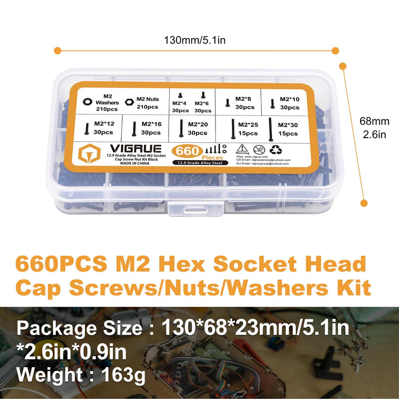 [Australia - AusPower] - 660Pcs M2 Screws Set Black, M2 x 4/6/8/10/12/16/20/25/30mm Hex Socket Head Cap Screws Nuts Washers Assortment Kit, 12.9 Grade Alloy Steel Assorted Screws, Fully Machine Threaded, Allen Socket Drive M2 Socket Cap 