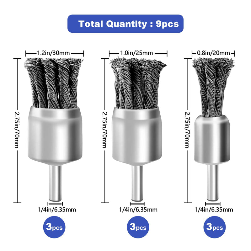 [Australia - AusPower] - LSTOPGO Wire Brush for Drill, 6.35 mm Mandrel, Wire Brush for Rust, Corrosion, Paint Removal, Pack of 9, 20 mm, 25 mm, 30 mm 