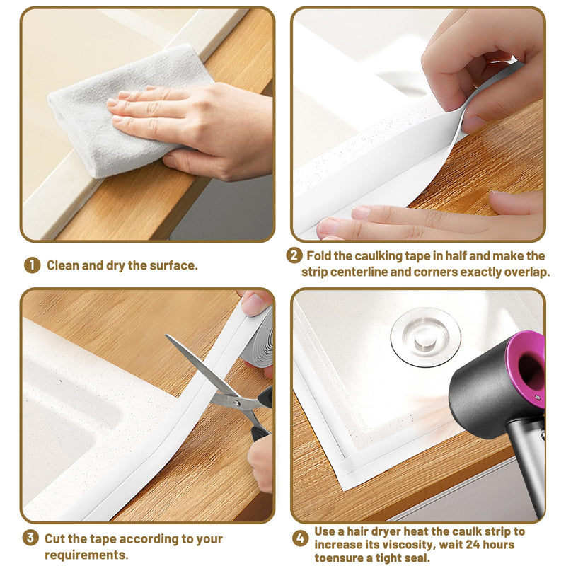 Caulk Tape Waterproof Self Adhesive, 2 Rolls Toilet Caulk Sealing Strip, Bathtub Caulking Sealant Tape for Kitchen, Bathroom, Countertop, Sink, Floor Wall Edge Protector(1.5" x 10.5Ft) 2Pcs-White