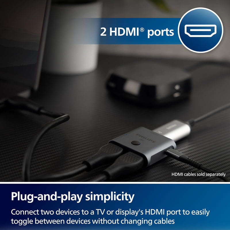[Australia - AusPower] - Philips 2 Device HDMI 2.1 Switch Splitter [8K@60Hz 4K@120Hz] Dolby Atmos, HD Dolby 7.1 Surround Sound, 48 Gbps Data Transfer, Switch Selector, Gaming, Smart TV, Firestick, PS5, PS4, xBox, SWV9173GR/37 