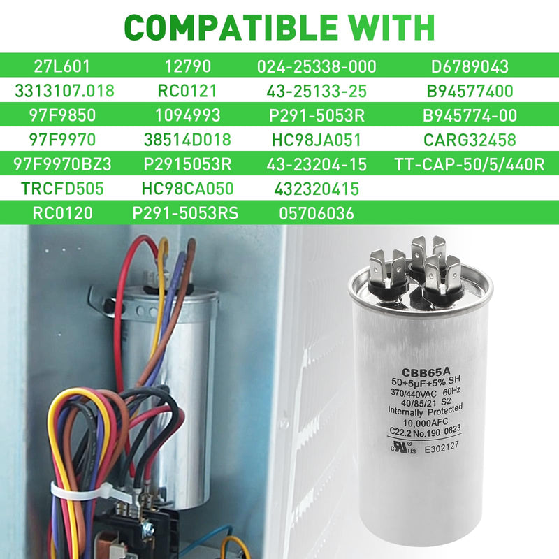 2025 Upgrade 3100248.487 CBB65A Capacitor - 50 + 5uF 370/440VAC 60Hz 10,000AFC Dual Run Circular Start for United States Standard AC Motors, Heat Pumps, Air Conditioning and RV Camper A/C