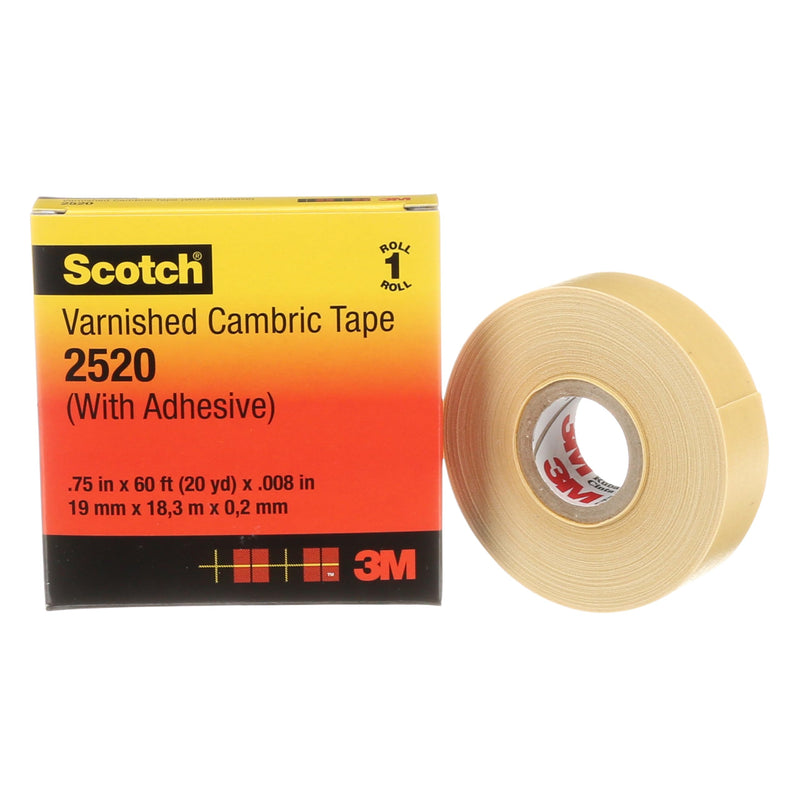 Scotch Varnished Cambric Tape 2520, Flexible, Electrically Insulating, Moisture Resistant, Smooth Finish, Yellow Color, 8 mil, 3/4 in x 60 ft, 1 Roll/Carton, 20 Rolls/Case