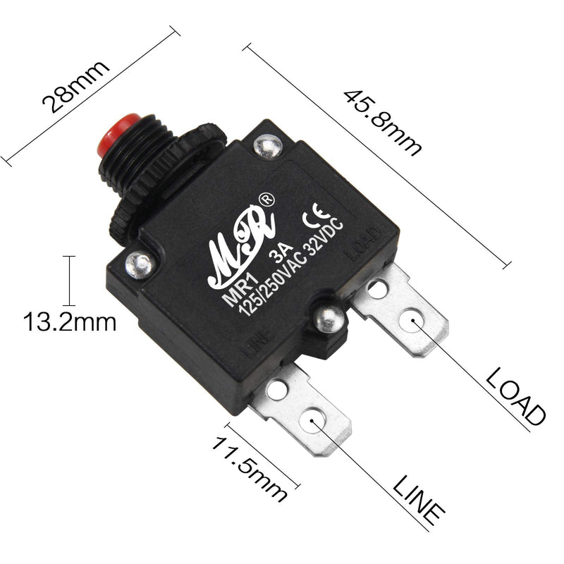 [Australia - AusPower] - 3 Amps Thermal Circuit Breakers 125/250V AC 32V DC Push Button Manual Reset Overload Protector Switch 3A 2 Pack 