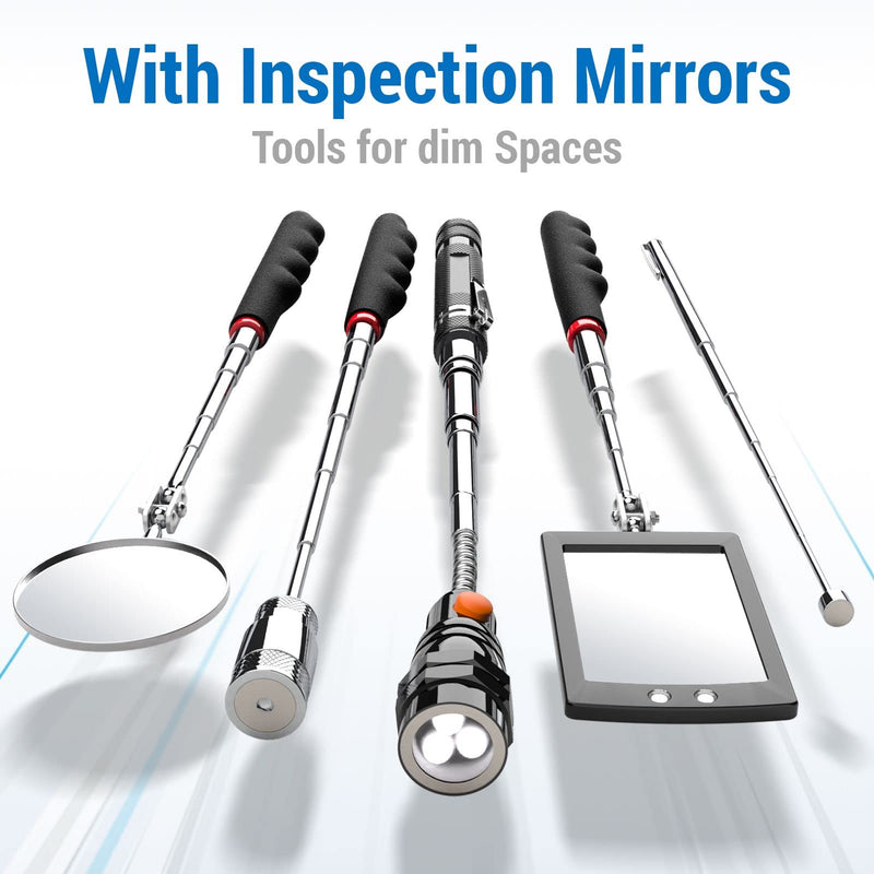[Australia - AusPower] - Telescoping Magnetic Pick Up Tool Magnetic Sweepers with 1 lb and 15 lb Pickup Rod, Round and Square 360 Swivel Adjustable Inspection Mirror and Flexible LED Flashlight, Fathers Day Gifts for Dad, Men Black Magnetic Tool Set 
