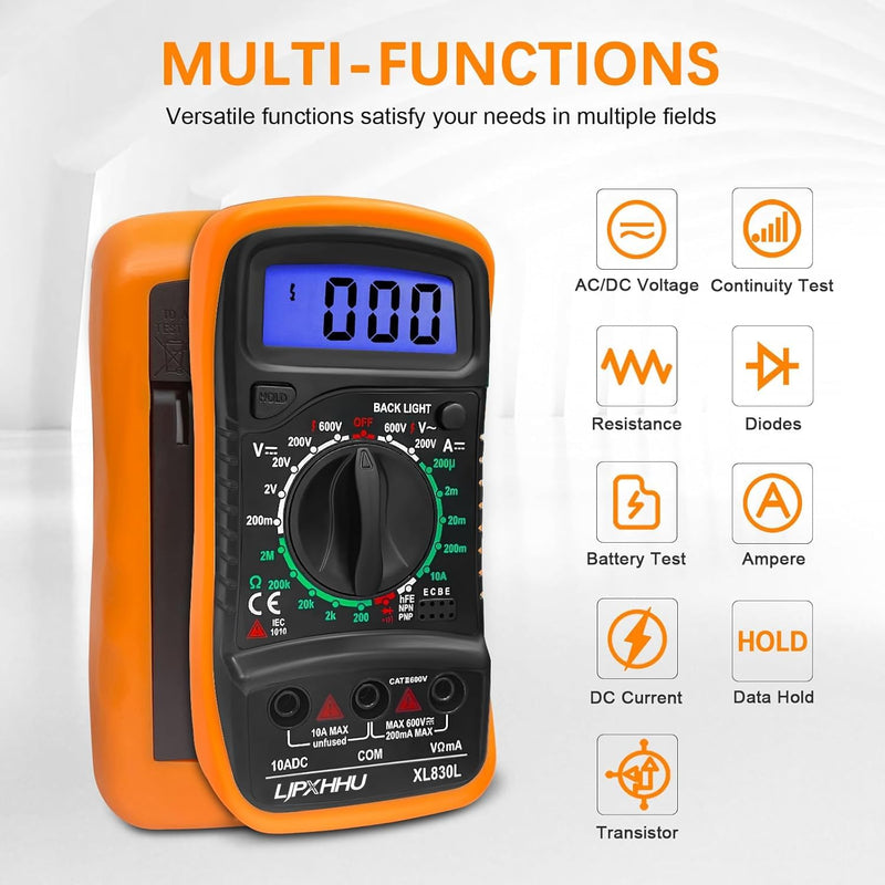 [Australia - AusPower] - Digital Multimeter，OBD2 Scanner Bluetooth，Voltmeter Continuity Ohm Volt Amp DC AC Current Resistance Diodes 2000 Counts Electrical Test Meter with Leads Backlight LCD Display 