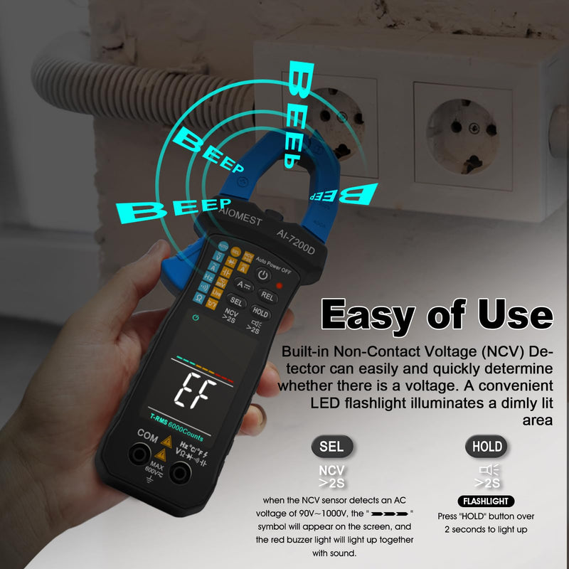 [Australia - AusPower] - AIOMEST Digital Clamp Meter, 6000 Counts Handheld Multimeter Slim Voltage Tester Auto-Range 60A/400A True-RMS w/NCV, DC & AC, Temp, Volt Ammeter AI-7200D 