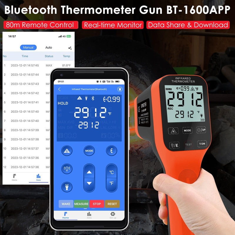 [Australia - AusPower] - Digital Infrared Thermometer Gun 30:1, BTMETER Dual Laser IR Temperature Gauge BT-1600APP Measure High Temp -58℉ to 2912℉ with Data Logging for HVAC Kiln Forge Oven Pizza Cooking(Not for Human) 
