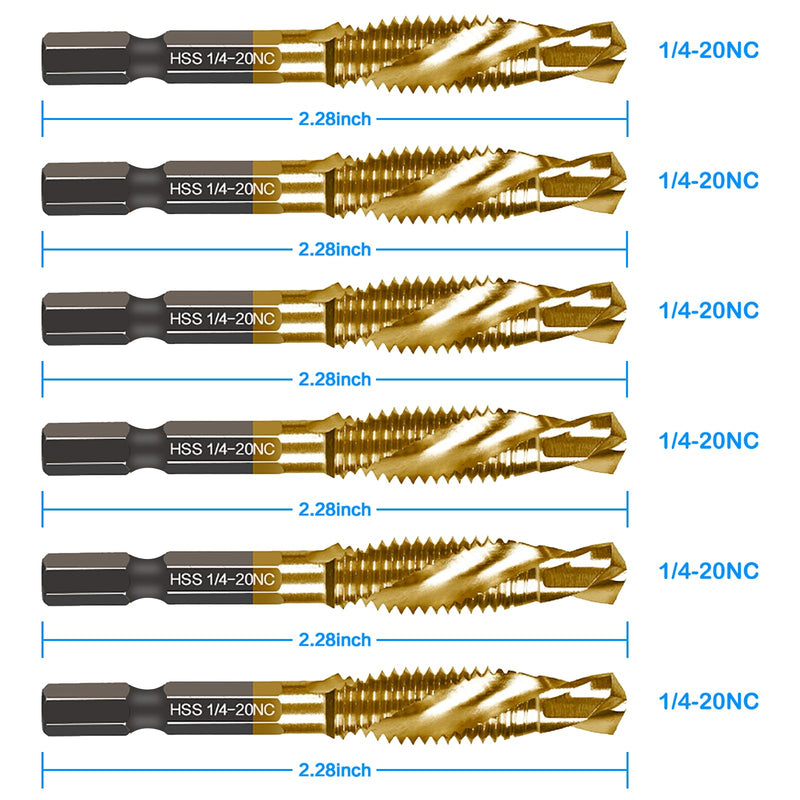 6-pc 1/4-20NC Combination Drill Tap Bit Set SAE, 1/4" UNC-20 Thread Size, Titanium Coated High-Speed Steel, Ideal for Drilling and Threading in Soft Metal Wood and Plastic, 1/4 Hex Shank 6 Pcs 1/4-20NC