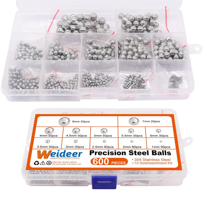 [Australia - AusPower] - weideer 600pcs 12 Size Stainless Steel Precision Steel Balls 1-8mm Metric Bicycle Bearing Balls Assortment Kit Mixing Balls 1mm 2mm 2.5mm 3mm 3.5mm 4mm 4.5mm 5mm 5.5mm 6mm 7mm 8mm K-085-600 