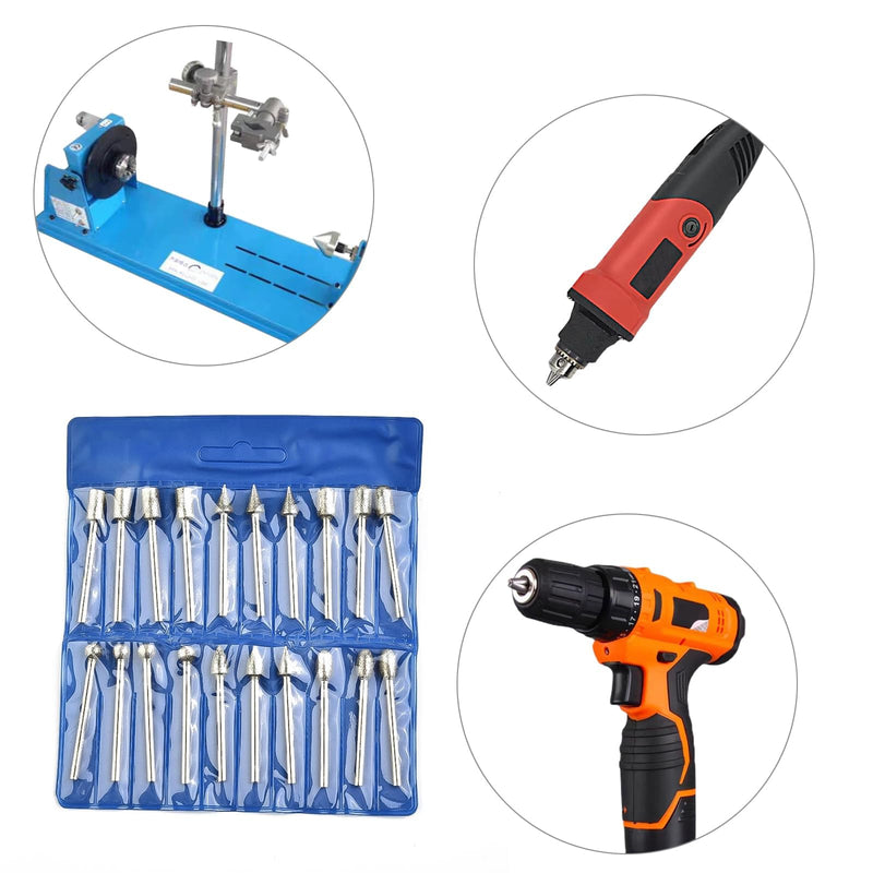 [Australia - AusPower] - VZU Diamond Cutter Set, 20 Pieces Diamond Burrs with 1/8 Inch Shank Grinding Attachments for Dremel Rotary Tool, Diamond Grinding Pins for Stone, Glass, Ceramic, Grinding, Polishing and Engraving 