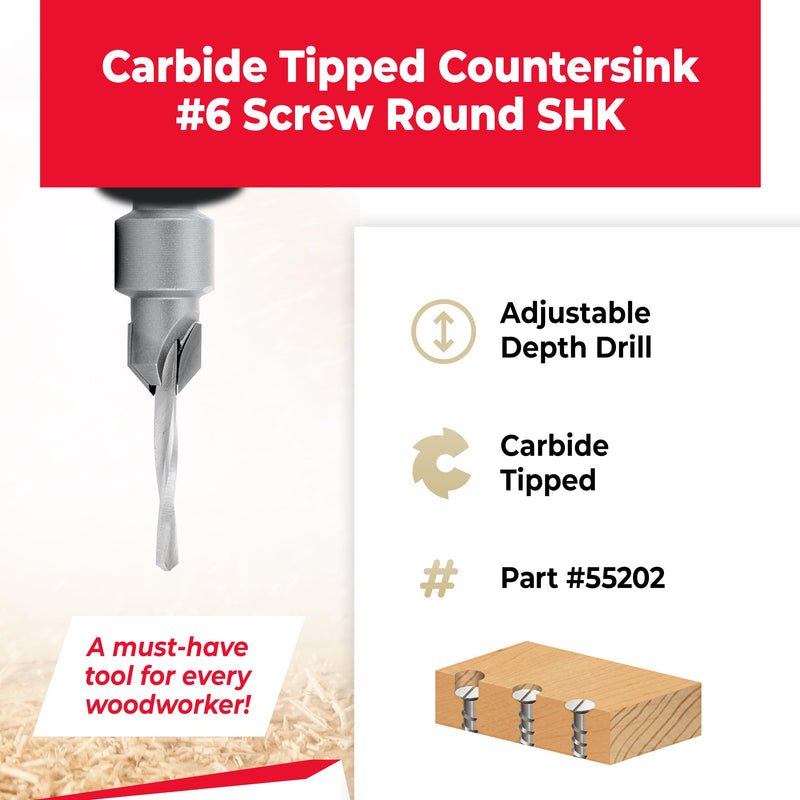 Amana Tool Carbide Tipped Countersink Drill Bit, 55202, 6 Screw, 3/8 Dia x 1/8 Drill Dia x 5/16 Round Shank