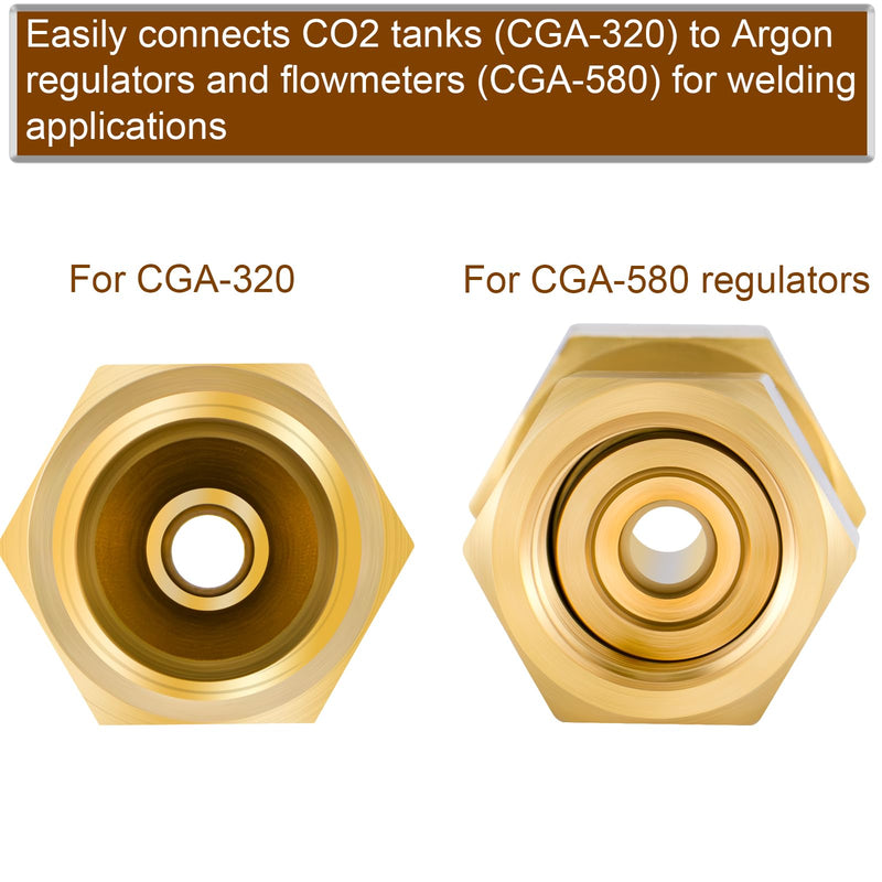 2 Pack Brass CGA-320 to CGA-580 Tank Adapter, Welding Gas Regulator Converter for CO2 and Argon, Compatible with Miller Welders and Flowmeters, Heavy Duty Brass Construction 2 Pack Adapter