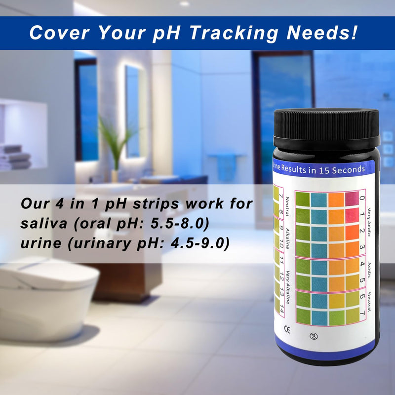 [Australia - AusPower] - Urine pH Test Strips for Humans 100 Ct with 100 Cups, 0-14 pH Strips for Saliva Testing, Alkaline Acid pH Test Strips for Water, Pool, Body pH, Fast 15-Second Results 