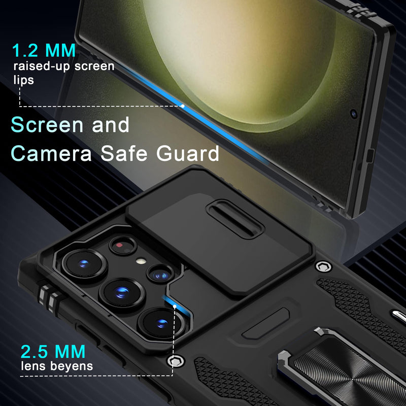 [Australia - AusPower] - DEERLAMN for Samsung Galaxy S24 Ultra Case with Slide Camera Cover+Screen Protector (1 Pack), Rotated Ring Kickstand Military Grade Shockproof Protective Cover-Black Samsung Galaxy S24 Ultra-6.8Inch Black 