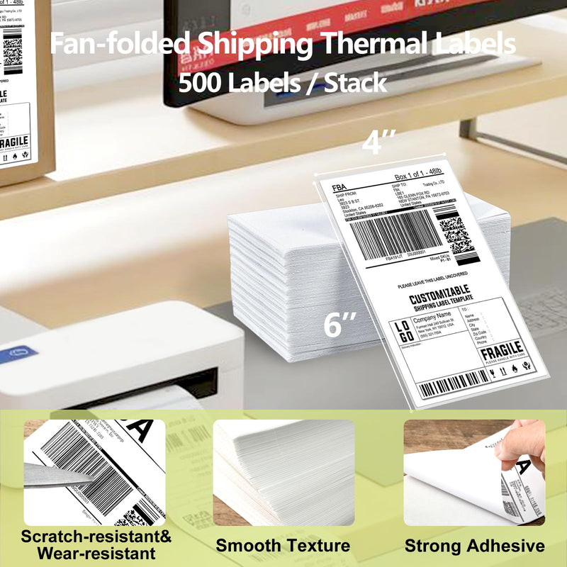 4x6 Thermal Shipping Labels, Fanfold Direct Thermal Labels for Shipping, Permanent Adhesive, Commercial Grade Labels for Zebra, Polono, Jadens, Beeprt, iDPRT, Munbyn, Nelko (500 Sheets per Pack) 4''x6''-500 Sheets/ Fanfold