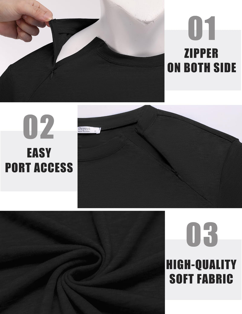 Deyeek Unisex Chemo Shirts for Port Access Chemotherapy Must Haves Long Sleeve Cancer Care Package for Men Black Large