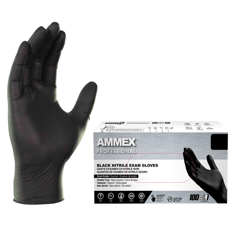 AMMEX Black Nitrile Disposable Exam Gloves, 3 Mil, Latex & Powder Free, Food-Safe, Textured, Non-Sterile, Medium, Box of 100 Medium (Pack of 100)