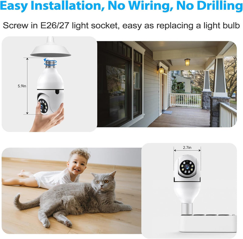 [Australia - AusPower] - Light Bulb Security Camera 2 Packs, 5G&2.4GHz 2K Security Cameras Wireless Outdoor 360° PTZ Cameras for Home Security with Color Night Vision, 2 Way Talk, AI Human Detection, Screw in Light Socket 2Pack 3MP 