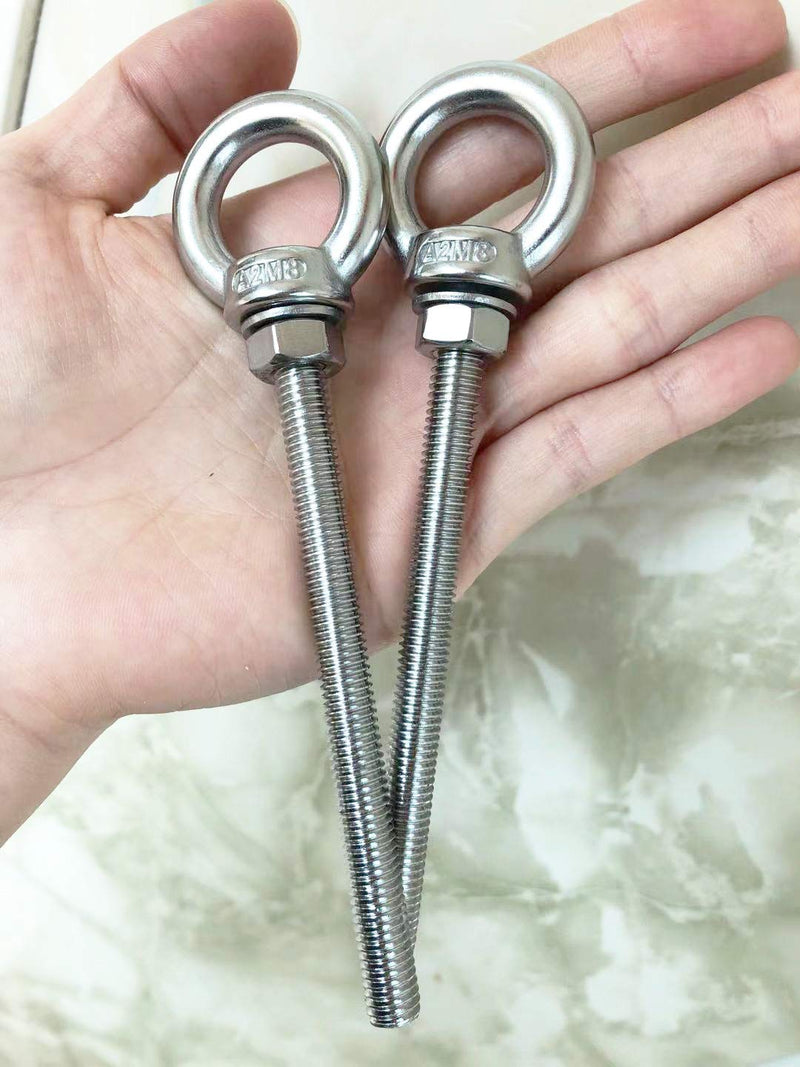 [Australia - AusPower] - Shoulder Eye Bolt, 2 Pack M8 Stainless Steel Eye Bolts 4" Heavy Duty EyeBolts Screws in Eye Hooks with Washer and Nuts for Lifting and securing Cables Wires, Long Shank Thread Length 100mm 2pcs 