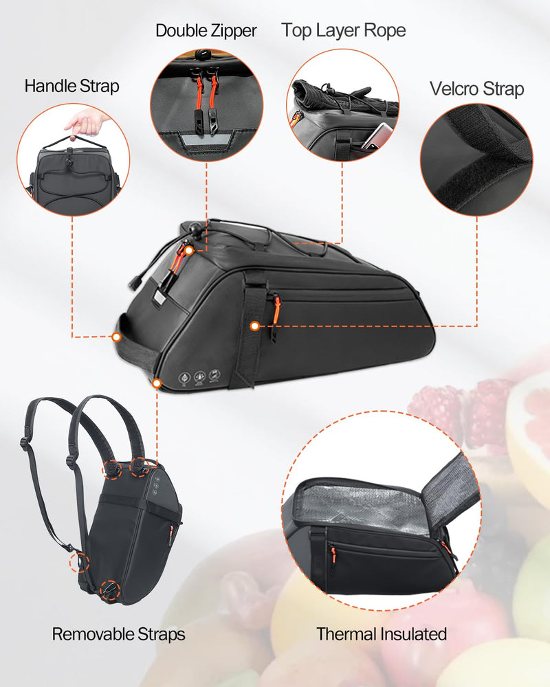 Insulated Rear Bike Rack Bag with Rain Cover, 10L Waterproof Backpack Shoulder Saddle bag for Bicycles, Reflective Cycling Seat Storage Bag for Warm or Cold Items for Camping Travel Outdoor Black+Rain Cover