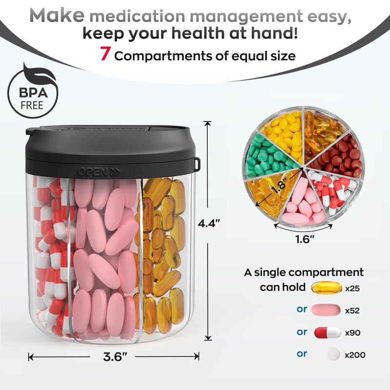 [Australia - AusPower] - Pill Dispenser with 7 Large Compartments, Pill Bottle Organizer for Travel, Supplement Organizer with Anti-Mixing Design, BPA-Free Pill Container with 20 Pcs Labels, Black Transparent Black 
