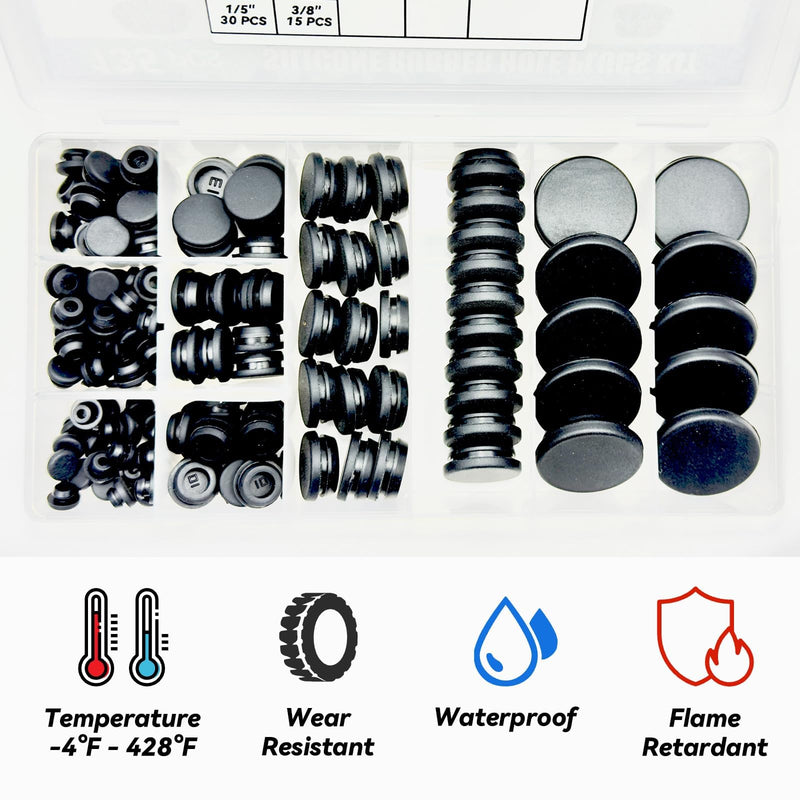 [Australia - AusPower] - 135Pcs Black Silicone Rubber Plugs for Round Holes Grommet Kit, 8 Assorted Sizes (1" 3/4" 5/8" 1/2" 3/8" 5/16" 1/4" 1/5") General Snap Locking Caps for Motorcycle, Furniture, Automotive, Plumbing 