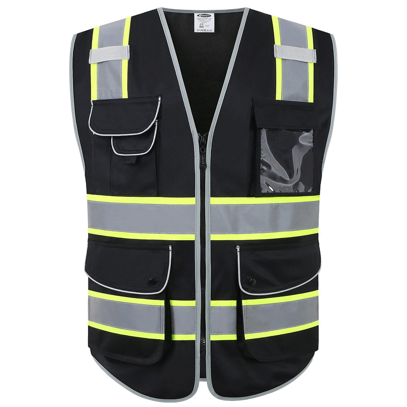 JKSafety 9 Pockets Hi-Vis Black Color Zipper Front Safety Vest Fluorescent Yellow Strips outlining the Reflective Tapes ANSI/ISEA Class 1 (901-Black, Medium) Black Yellow Strips