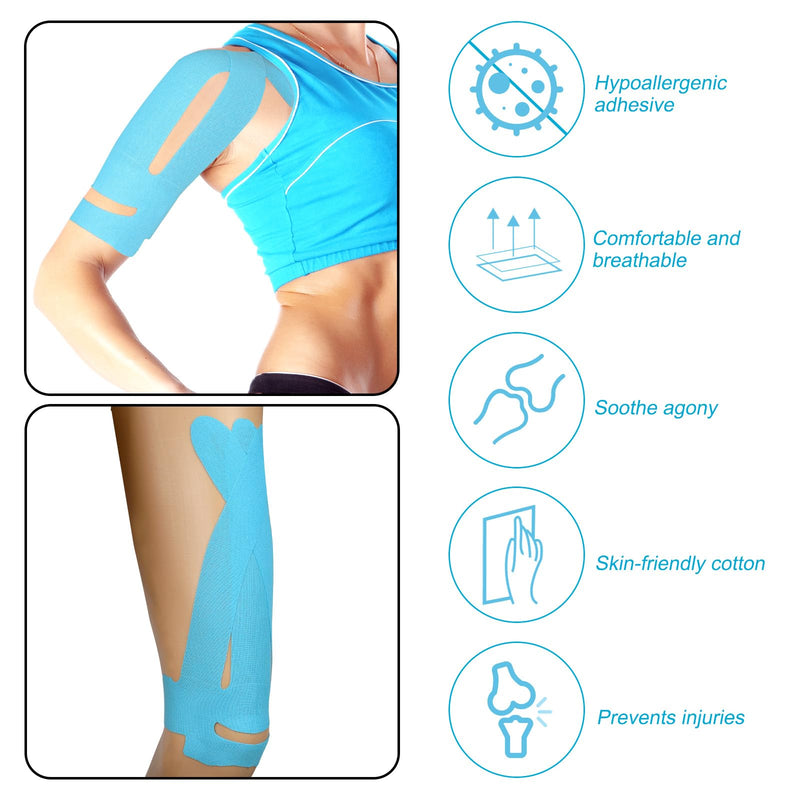 12pcs Kinesiology Tape for Shoulder, Precut Breathable Waterproof Kinesiology Tape for Knees Shoulder Sports Support Muscle Protection (Blue) Blue