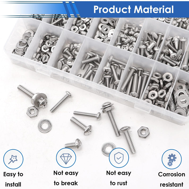 smseace 730Pcs 304 Stainless Steel Machine Screws Assortment Kit#10-24#8-32#6-32#4-40 Phillips Pan Head Assorted Nuts and Bolts for Machinery, Furniture, Automotive, Motorcycle Repairs 730Pcs SS #4 #6 #8 #10 Silver