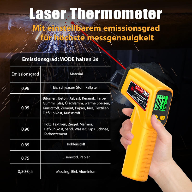 Infrared Thermometer Non-Contact Laser Temperature Meter -50℃~530℃ | Digital Infrared Laser Thermometer for Cooking, Grill, Fridge, Air Conditioning, Car & Industry, Adjustable Emissivity yellow