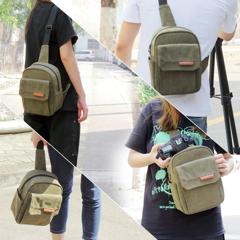 [Australia - AusPower] - Small Camera Bag for Photographer Canvas Sling Bag Purse Waterproof Dslr Bag Compatible with Nikon Sony for Men and Women Army green 
