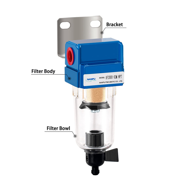 [Australia - AusPower] - NANPU 1/4" NPT Compressed Air Line Filter, 5 Micron Brass Element, Manual Drain, Bracket, Poly Bowl, 145 PSI 