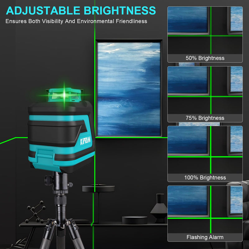 [Australia - AusPower] - Kiprim Green Laser Level LV8D with Enhanced Visibility,5 Laser Lines,Adjustable Brightness,Manual/Self Leveling/Pulse Mode,Batteries and Carrying Pouch Included 5 Laser Beams 