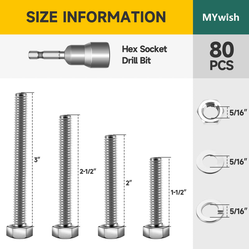 [Australia - AusPower] - Mywish 5/16 Bolts, 80Pcs 5/16-18 Bolts and Nuts Kit with 1-1/2", 2", 2-1/2", 3" Hex Bolts Kit, 304 Stainless Steel, Nut and Bolt Assortment Kit with Cross-Drilled Tail 5/16"-18 (80Pcs) 
