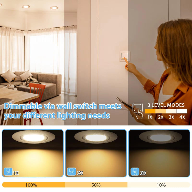 LED Recessed Spotlight, 230 V, Flat, Dimmable, Spotlights, 3 Levels, 6 W, IP44, Bathroom Recessed Lights, Ceiling Spotlights, Warm White, 3000 K, Swivelling Recessed Spotlights for Bathroom, Kitchen, Living Room, Set of 6