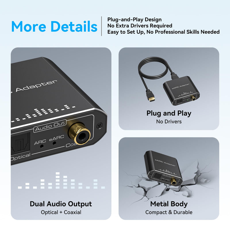 VPFET HDMI eARC Audio Extractor Only Work for HDTV ARC/eARC Audio Adapter Converter HDTV Audio Transmitted via Toslink+Coaxial ports Support 192KHZ for Soundbars Home Theaters and Audio Systems No CEC