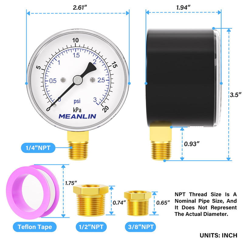 [Australia - AusPower] - MEANLIN MEASURE 0-3Psi Diaphragm Type Capsule Low-Pressure Gauge, Water Column Gauge, 2.6" Dial, 1/4" NPT, Rear Adjustable Knob, with 1/2" NPT and 3/8" NPT Hex Bushing, Lower Mount 0~3Psi 