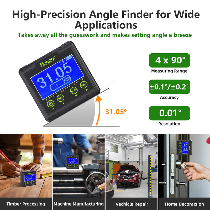Huepar Digital Protractor, Electric Level Dual Axis Meter 0.01° Resolution V-Groove Magnetic Base & LCD Inclinometer with Acoustic Alarm 0~360°AG03