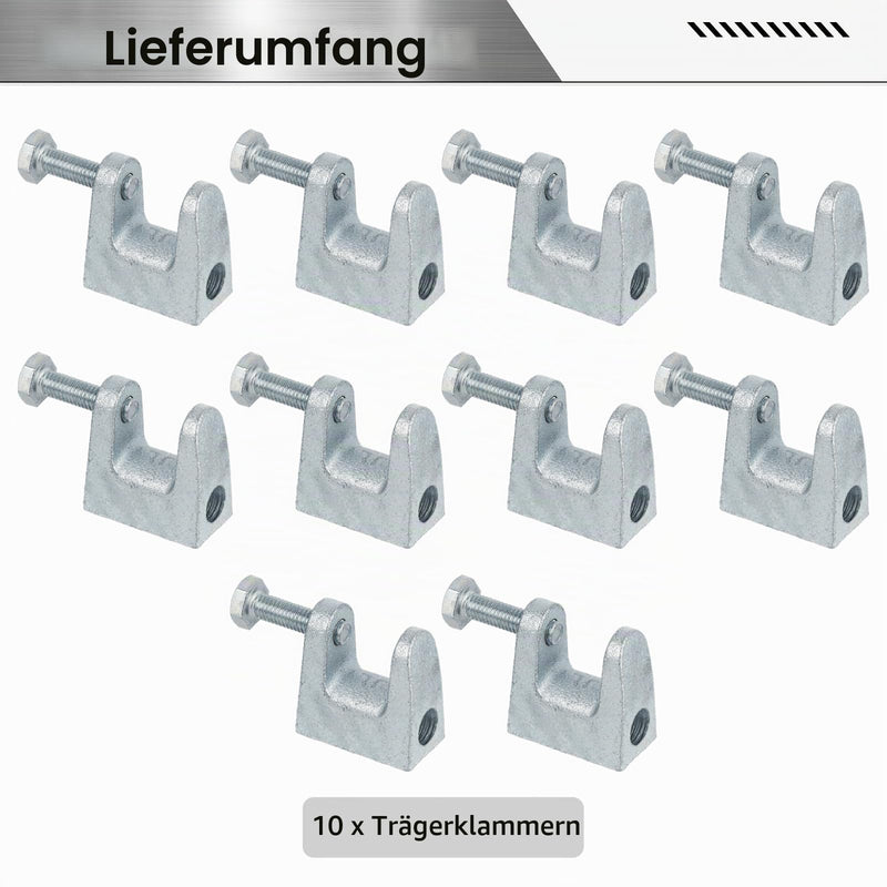 Pack of 10 carrier clamps, stand-up seam clamp, carrier clamp holder made of galvanised steel for ventilation and other systems, M20 C shaped wooden beams for bridge construction, building construction