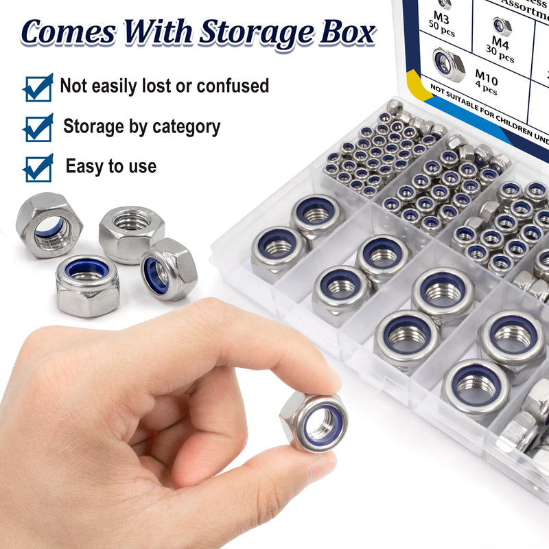 [Australia - AusPower] - 140 Pack Locknuts Assortment Kit,M3 M4 M5 M6 M8 M10 M12 Metric Nylon Insert Lock Nuts Sets,304 Stainless Steel Standard Threaded Nylock Nuts for Bolt 140 Pack;Metric Locknuts 1 