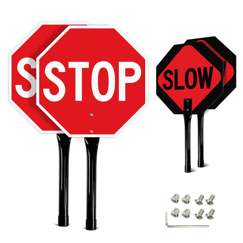 GicnKeuz Stop Slow Sign with Metal Handle, 13x13 inches Double Sided Slow/Stop sign, Traffic Reflective Aluminum Sign, Fade Resistant/Waterproof, Easy to Mount (2 Pack) STOP/SLOW sign 13"×13" - 2 pack