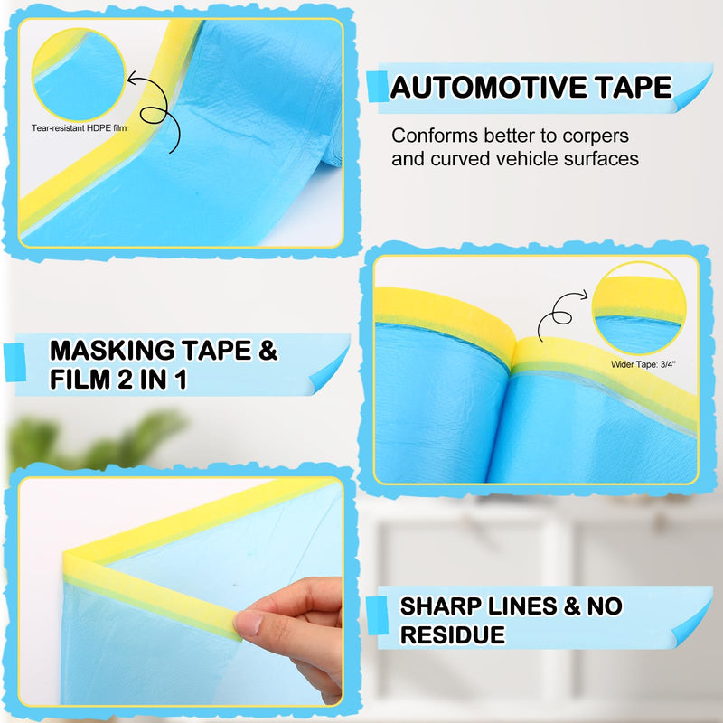 8 Roll Pre-Taped Masking Film for Painting 22'' / 43'' x 82' Plastic Sheeting Roll Automotive Painters Masking Tape Film Sheeting Cover for Walls Trim Appliance Furniture Windows(22'' X 82') 22'' X 82'