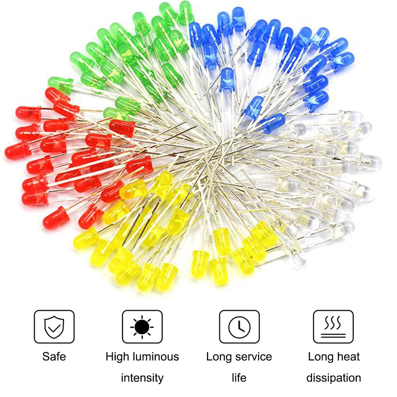 [Australia - AusPower] - 500Pcs 3mm LED Diodes Assortment Kit Round Diffused Led Light Emitting Diode Circuit LED Assorted Set for Arduino, Electronics PCB DIY, Raspberry Pi (White/Red/Yellow/Blue/Green) 