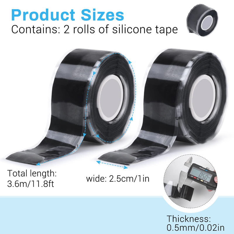 Black Self Fusing Silicone Tape, 2 PCS 1" X 11.8 Ft Silicone Rubber Rescue Tape for Pipe Hose Repair Plumbers Stop Leaking Waterproof Silicone Grip Thick Tape