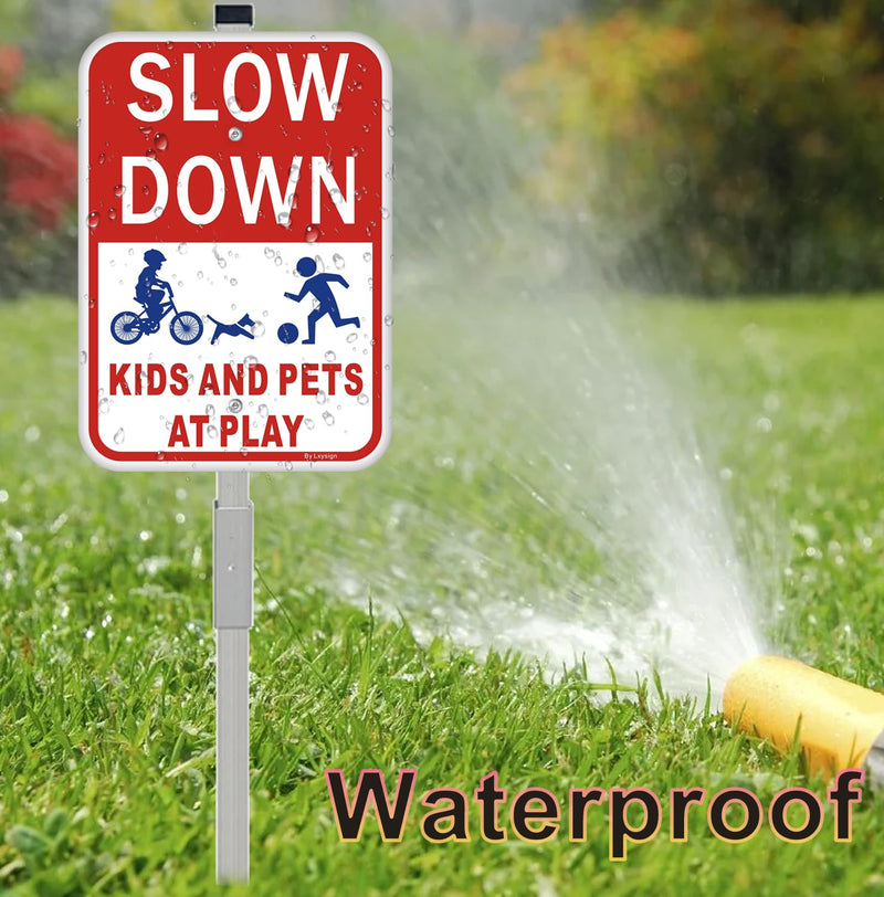 (2Pack) Slow Down Signs，Kids Playing Sign with Stake for Street - Children at Play Safety Signs with 36 Inches Metal Stakes & 14"×10" Reflective Aluminum Sign, Fade Resistant, water proof/weather proof, Easy to Install Style2-2pack with Stake