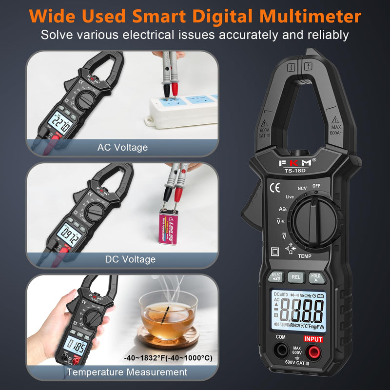 [Australia - AusPower] - FKM AC/DC Amp Clamp Meter Multimeter Tester TRMS 6000 Counts Auto-ranging Smart Digital Voltage Tester,for AC/DC Current/Voltage,NCV Detection,Capacitance,Resistance,Ohm,Continuity,Diode,Hz,Temp Test Black-(AC/DC Current)Clamp Meter 