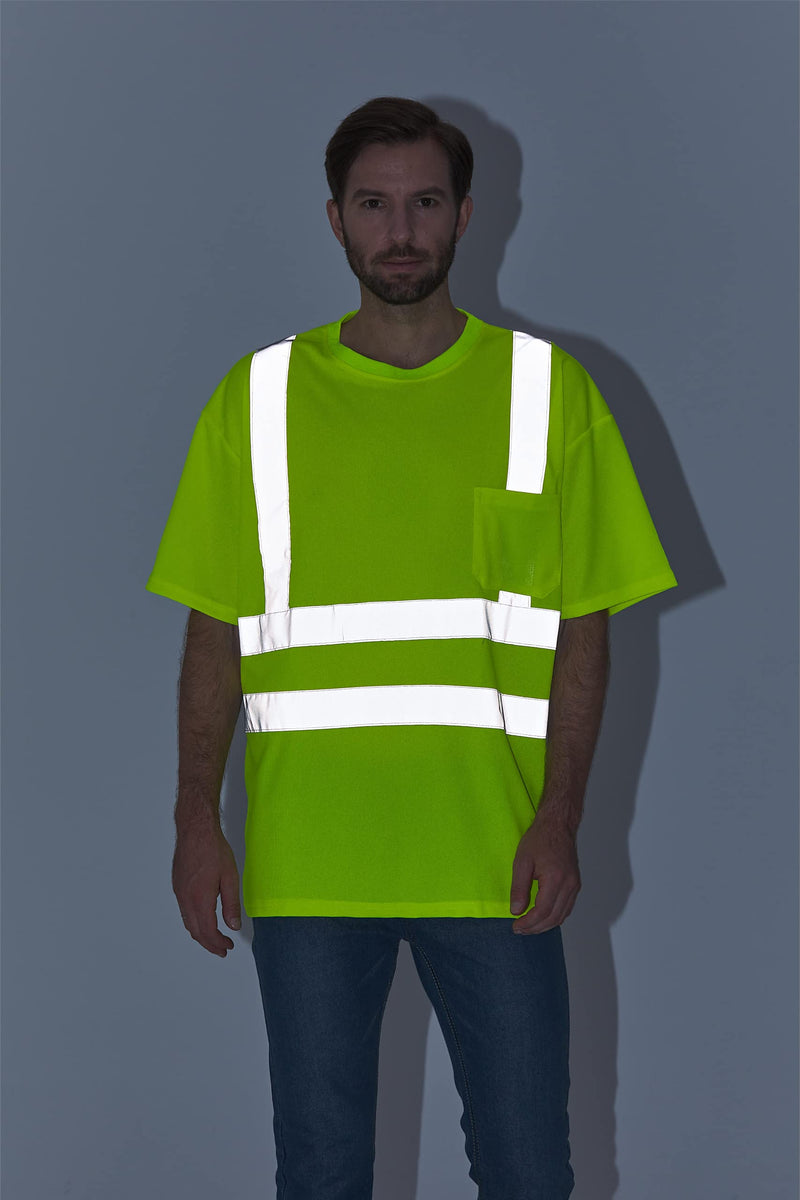 SIFE High Visibility Reflective T-Shirt with Hi Vis ANSI Reflective Strip Safety Lime Yellow Short Sleeve Large Lime,yellow