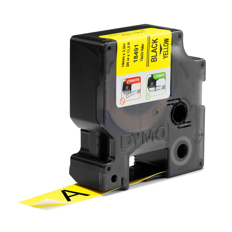 DYMO Rhino Industrial Flexible Nylon Labels 3/4" x 11.5' Black Print on Yellow Tape 3/4" (19MM) Black on Yellow