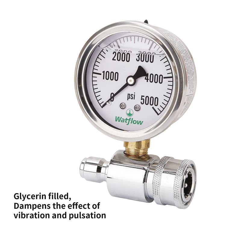 2-1/2" Pressure Washer Pressure Gauge Kit, 3/8 Inch Quick Connect, 0-5000 PSI, Liquid Filled